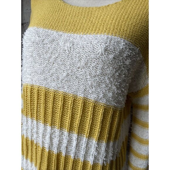Hem & Thread‎ Womens Sweater Musatrd Yellow Ivory Color Block Cotton Blend L - Picture 2 of 5
